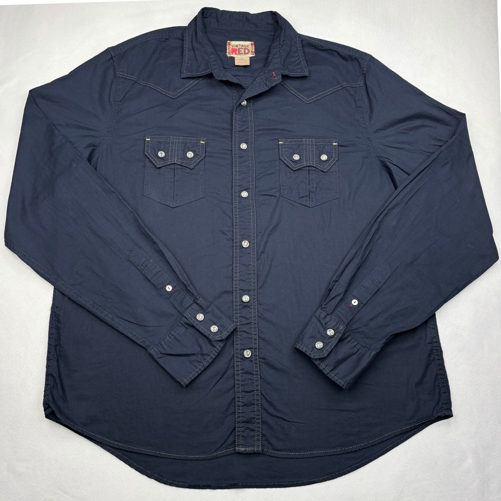 Vintage Red Western Shirt Mens XL Navy Blue Pearl Snap Roll Tab Cotton Cowboy XL